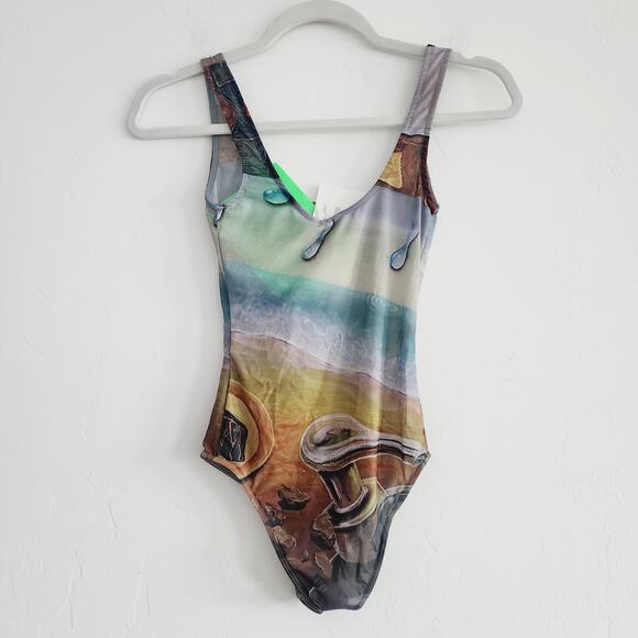 Zara Sleeveless Semi-Sheer Tulle Bodysuit Top with Artists Works Print Small - Picture 3 of 6